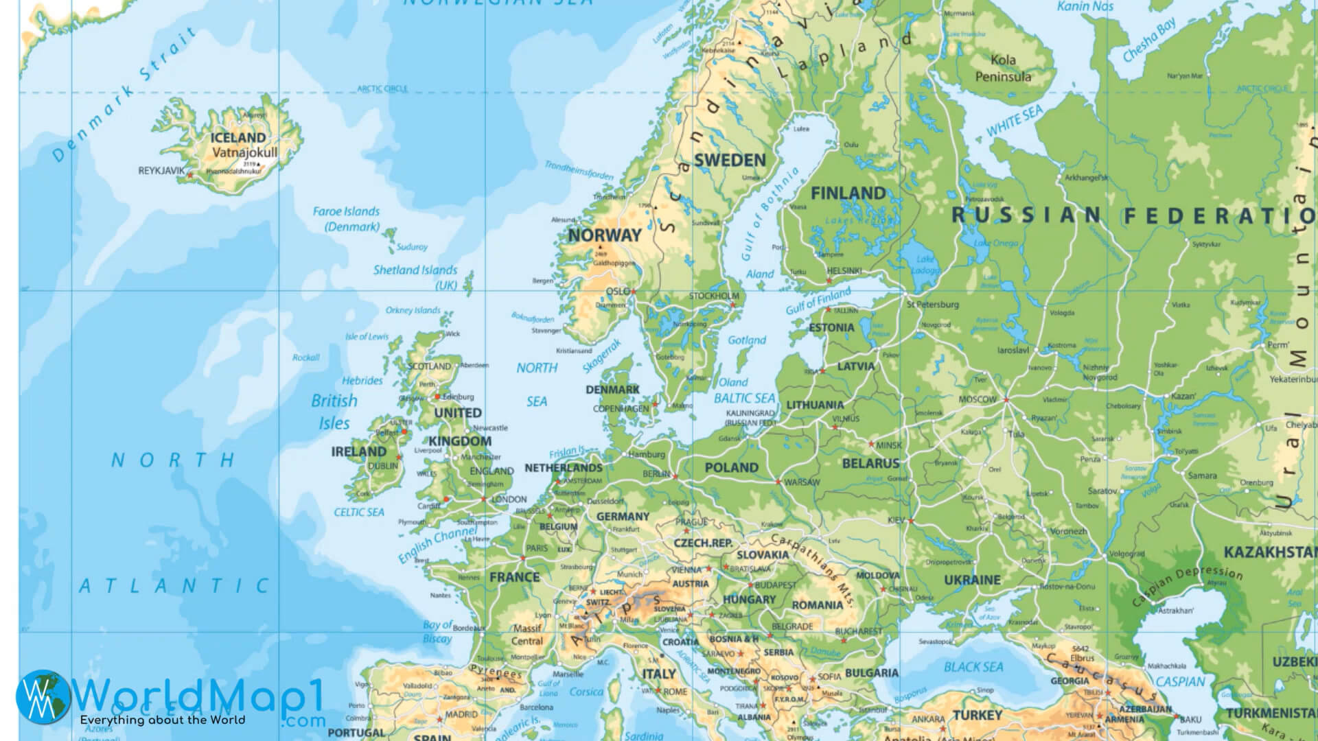 Carte physique avec la Russie et l'Europe